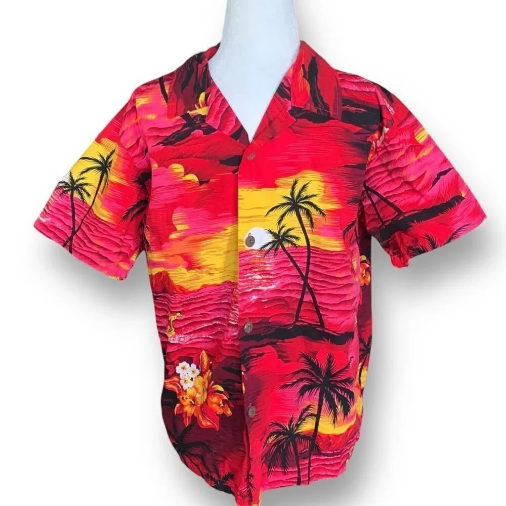 Vintage Palmwave‎ Hawaii Shirt Fuchsia Pink Sunset Surfer Tropical Floral Print